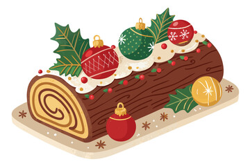 Depicting Yule Log Cake With Ornaments Bold Traditi Vibrant Professional Photo