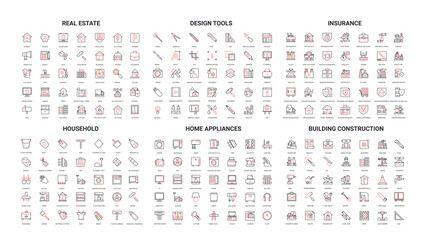 Comprehensive set of modern line icons for real estate, design tools, insurance, household, home appliances, and building construction isolated on white background vector illustration