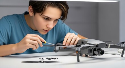 Young man focused on drone repair with screwdriver, engaged in technology, engineering, and hobby electronics