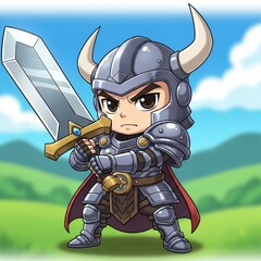 Chibi Character Warrior with Sword and Determined Expression