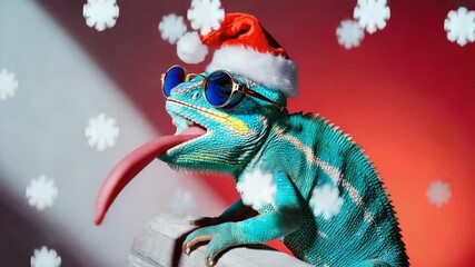 A cool chameleon wearing a santa hat and sunglasses for a christmas party celebration. Funny reptile sequence showing a lizard sticking its long tongue out to catch snowflakes - Powered by Adobe