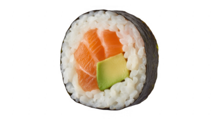 Salmon and avocado sushi roll with white rice and nori isolated on a transparent background
