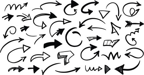 Collection of hand drawn black arrows vector illustration featuring sketch doodle styles and grunge markers isolated on white background.