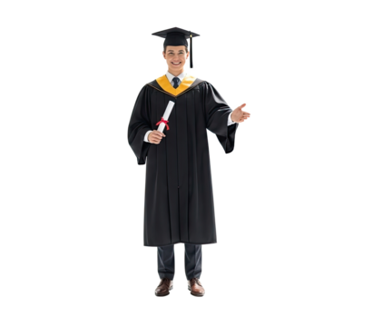 A man in a graduation gown holding a diploma, standing against a white background. - Powered by Adobe