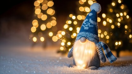 Cute Christmas gnome with illuminated belly sitting in snow  