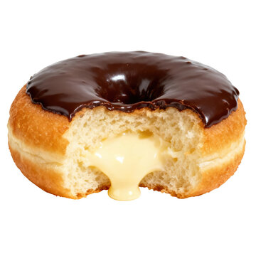 Delicious chocolate donut with sweet cream filling. Tempting dessert food with bite showing inside pastry