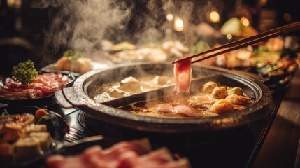 Flavorful Feast: A close-up shot of a steaming hot pot meal, tantalizing culinary scene, ready to be enjoyed with chopsticks, inviting viewers to savor the rich flavors and aromas.