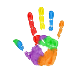 A colorful handprint with rainbow colors on a white background.