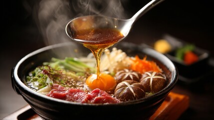 Aromatic Hot Pot with Fresh Ingredients and Broth Simmering, Featuring Vegetables, Meat, and Eggs in a Cozy Dining Setting