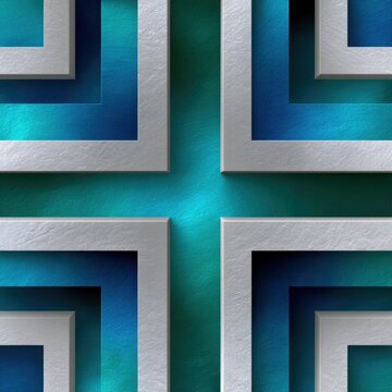 A seamless geometric pattern featuring silver frames arranged in a symmetrical design against a vibrant blue-green gradient background. The lighting creates dep