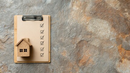 Cozy House Model on Clipboard with Checklist for Homeowners, Renovators, and Real Estate Professionals against Textured Stone Background