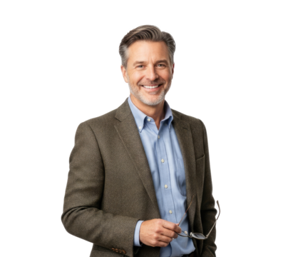 A man in a suit and tie standing against a white background.