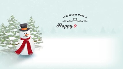 Merry Christmas And Happy New Year Background Animation of a merry christmas and happy new year background with happy snowman standing in winter and snow falling and beautiful greetings and wishes ban - Powered by Adobe