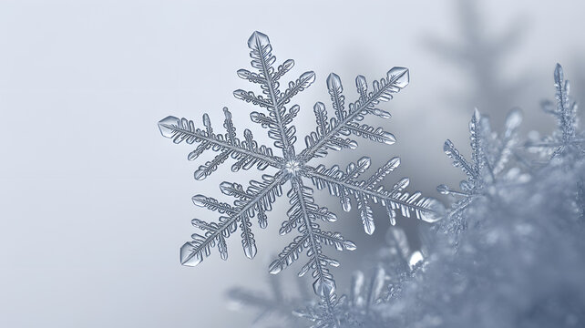 Macro photograph of a delicate ice crystal snowflake on a soft snowy background