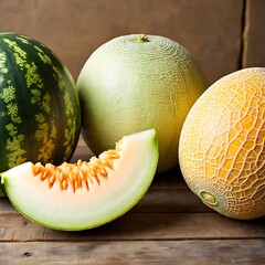 Variety of Melons with Fresh Cantaloupe Slice on Rustic Wooden Table