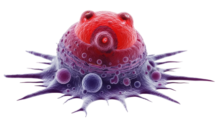A microscopic view of a cell with a red nucleus and purple spines.