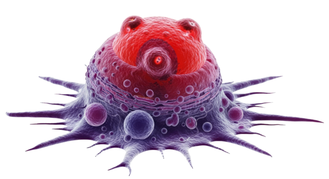 A microscopic view of a cell with a red nucleus and purple spines.