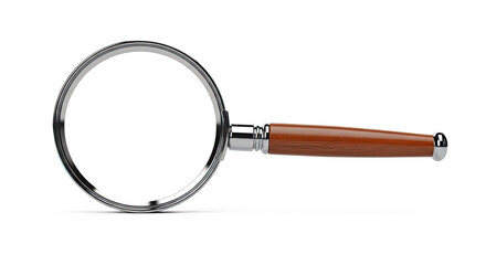 A magnifying glass with a wooden handle on a white background.