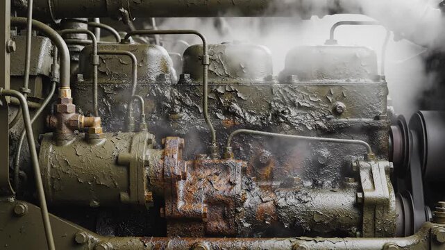 An old, grimy, and possibly overheating industrial engine with steam rising from its worn components.