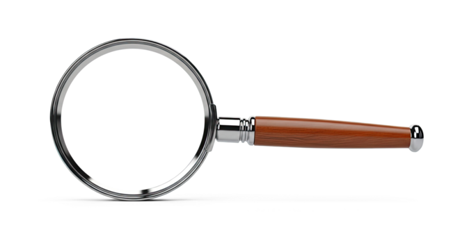A magnifying glass with a wooden handle on a white background.