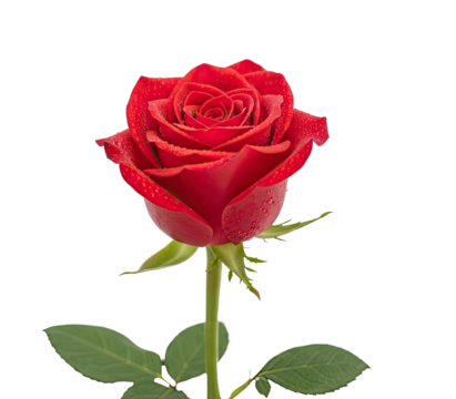 A single red rose with water droplets on its petals against a white background. - Powered by Adobe