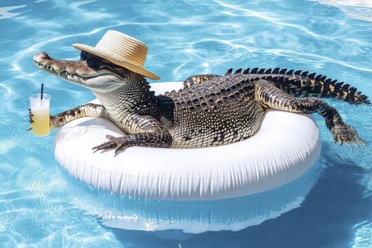 Relaxed alligator floating in pool on inflatable tube with straw hat and lemonade