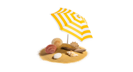 Miniature beach scene with a yellow and white striped umbrella, seashells, and sand isolated on transparent background for summer vacation concept