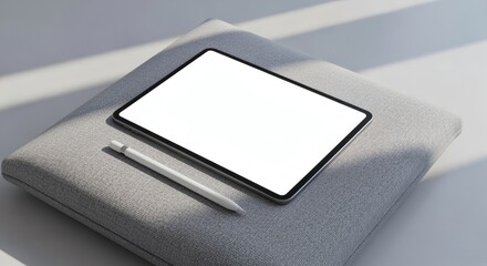 Modern Minimalist Tablet Device with Stylus on Gray Cushion Mockup