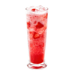 Refreshing red strawberry drink in tall glass. cold, fresh beverage with iced fruit making delicious cooler