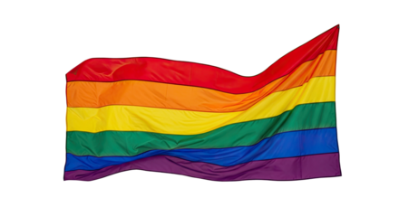 A rainbow flag waving in the wind against a white background.