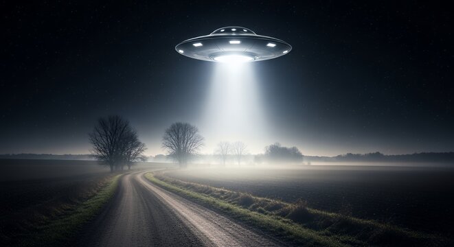 Ufo Flying Over Rural Landscape at Night with Bright Beam of Light Illuminating Pathway