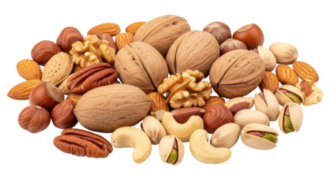 Pile of Tasty Nuts Including Cashews and Pistachios Isolated on Transparent PNG Background.