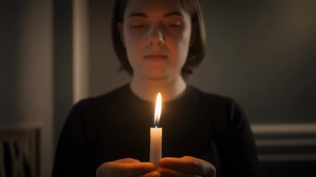 Woman holding a lit candle in a dimly lit room with soft focus background Keywords: candle, holding, light, flame, woman, hands, fire