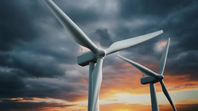 Wind Turbines Spinning Against Dramatic Stormy Sunset Sky alternative atmosphere