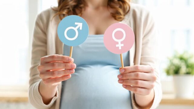 close-up of a pregnant woman holding pink and blue gender signs, finally lifting the blue one to announce she is expecting a baby boy
