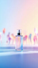 A clear glass perfume bottle with a silver pump dispenser sits on a reflective surface. The bottle displays iridescent colors, reflecting a soft pastel backgrou