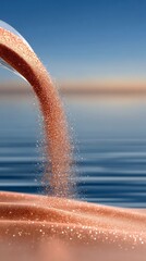 Close-up of shimmering copper-colored sand pouring from a glass container into calm blue water. The background shows a blurred horizon and a clear blue sky, sug