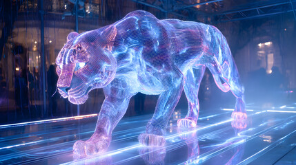 Walking digital panther hologram on futuristic glowing pathway