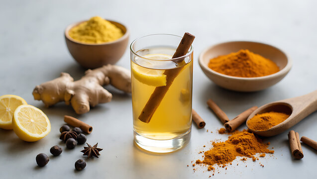 Golden Wellness Drink with Turmeric, Ginger, Lemon, and Spices – Healthy Natural Remedies Flatlay