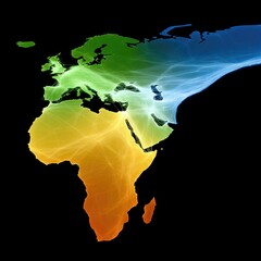 A stylized map of Europe, Africa, and the Middle East is depicted with vibrant, glowing light trails representing global connections. The continents are colored