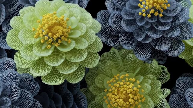 Digital mesh flowers with yellow centers changing patterns, abstract floral texture background animation
