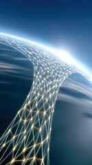 A digital network overlaying the curved surface of the Earth, with a bright sunrise on the horizon and a blue sky.