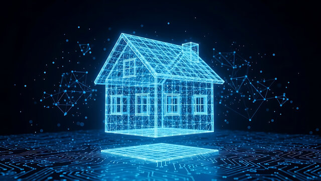 Futuristic smart home concept showcases modern technology with digital house design and innovative connectivity, ideal for real estate and tech advertising