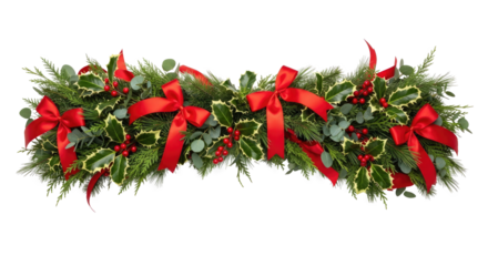 A festive Christmas wreath with red ribbons and holly berries on a white background.