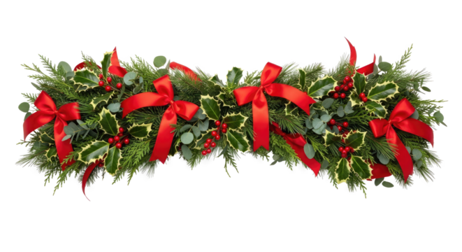 A festive Christmas wreath with red ribbons and holly berries on a white background. - Powered by Adobe