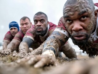 Rugged rugby players compete in muddy conditions during an intense match at a local field in autumn
