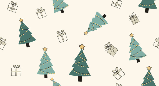 Fototapeta A charming and simple seamless Christmas pattern with hand-drawn style Christmas trees and gift boxes on a light beige background.