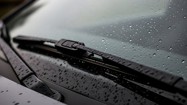 Raindrops cling to car windshield and wipers, a close-up view capturing the essence of a rainy drive, promoting travel safety and vehicle maintenance