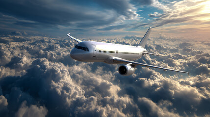 A white passenger airplane flying above the clouds, against a blue sky background, in a photorealistic style.