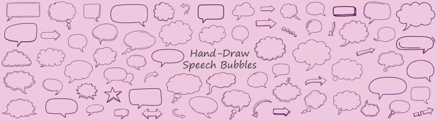 Collection of hand drawn speech bubbles and arrows on a light pink background in a seamless pattern